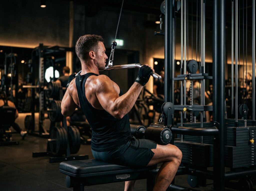 Homme réalisant un tirage poitrine à la poulie haute en salle de musculation
