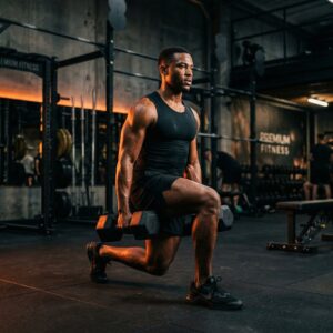 Fente avant technique haltères quadriceps fessiers