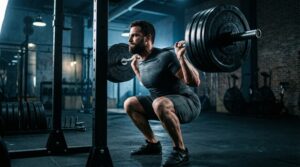 Athlète musclé en squat barre lourde style entraînement Superman