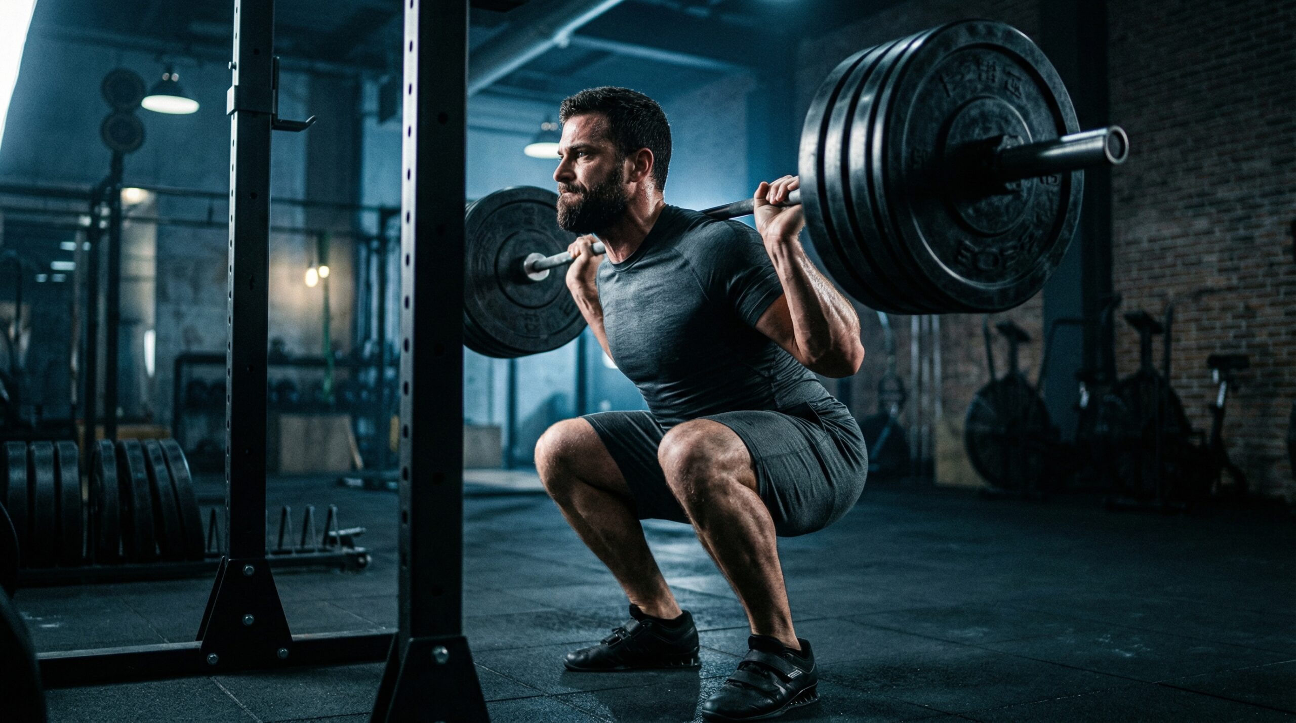 Athlète musclé en squat barre lourde style entraînement Superman