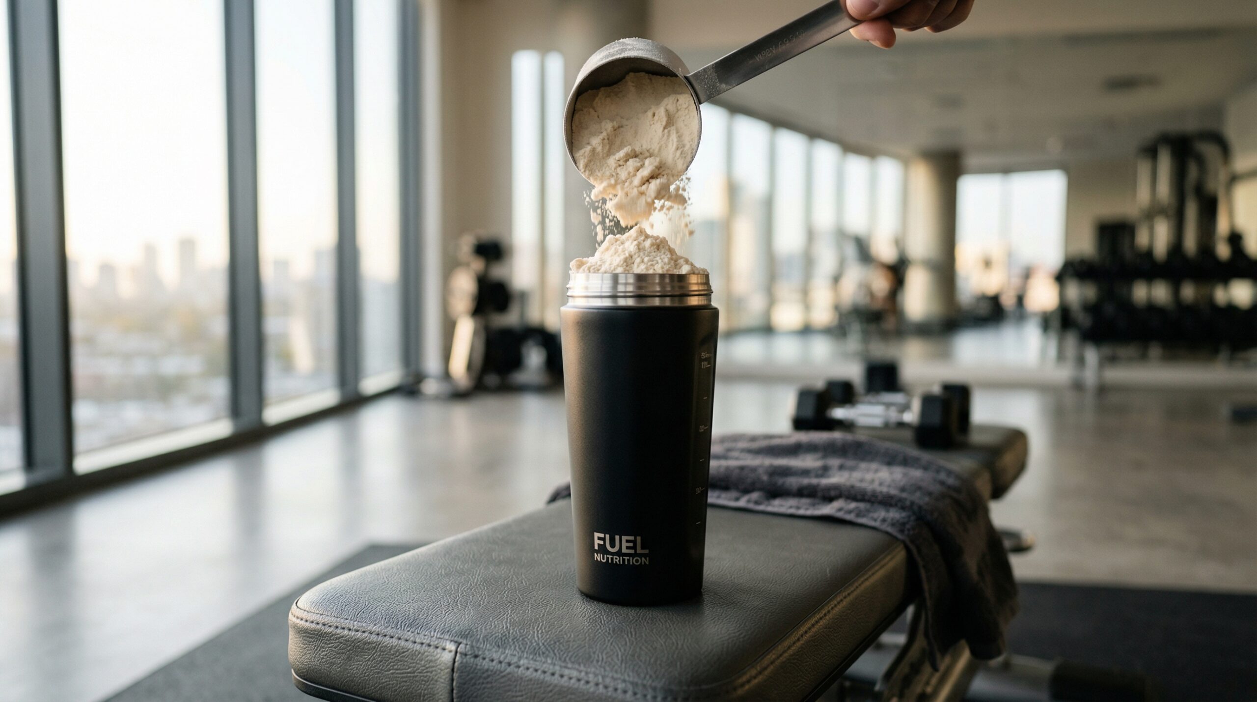 Whey protéine scoop et shaker noir sur banc de musculation