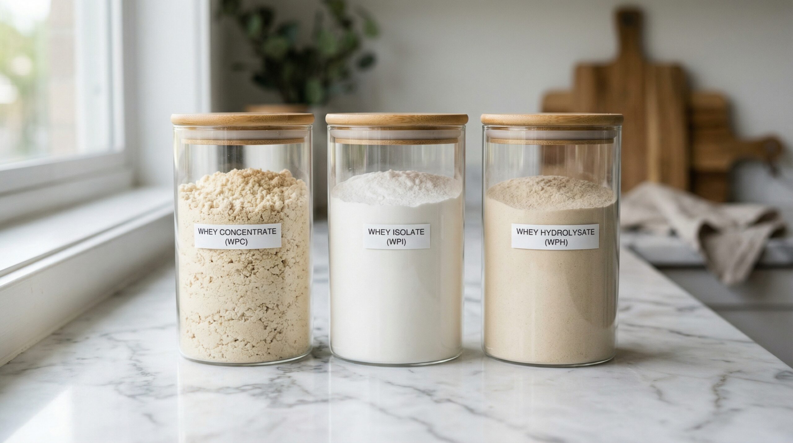 Comparaison whey concentrée isolate hydrolysée dans trois pots