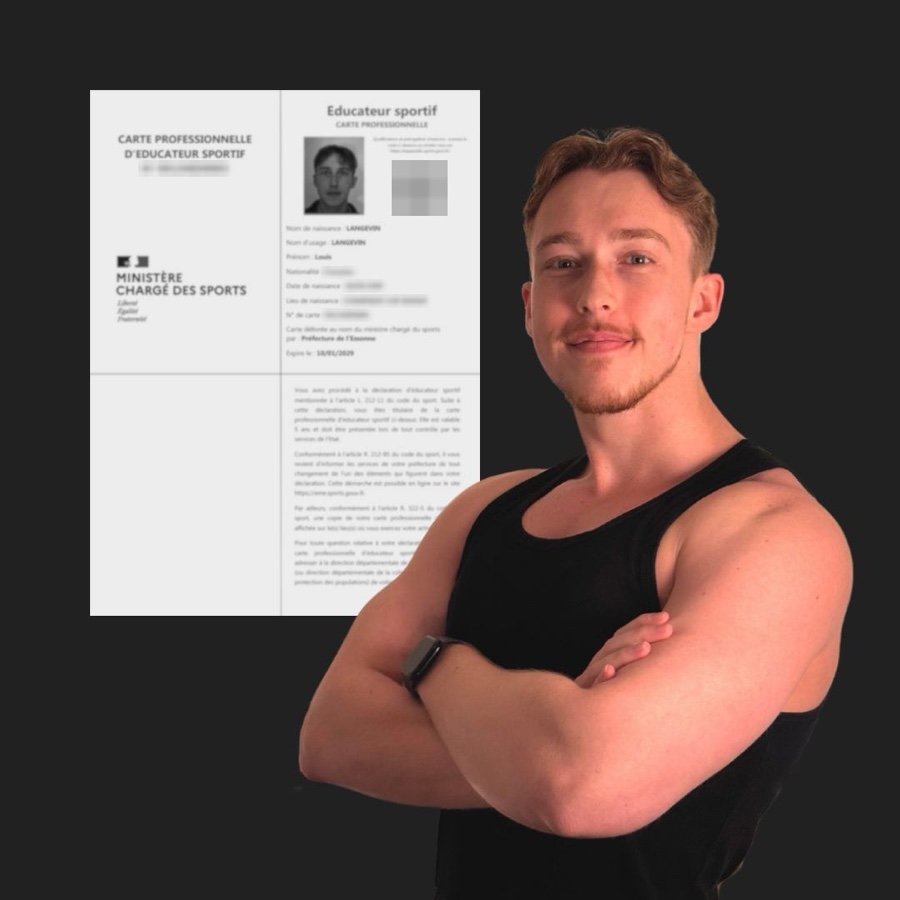 Carte professionnelle d'éducateur sportif de Louis Langevin, délivrée par le ministère chargé des Sports, informations personnelles masquées