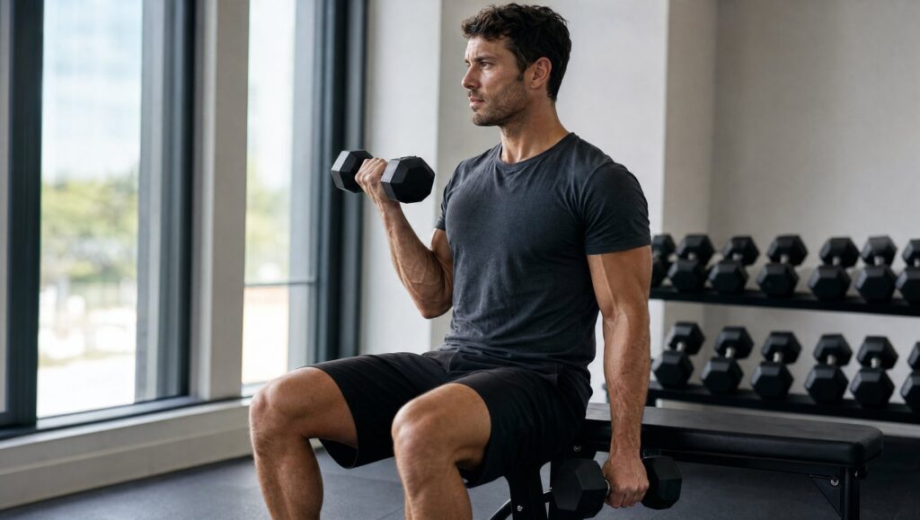 Homme réalisant un curl haltères assis sur un banc, coude collé au corps, dans une salle de musculation