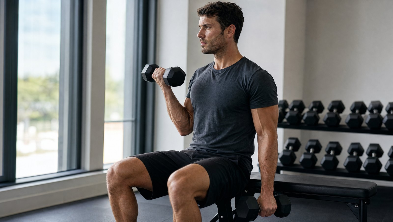 Homme réalisant un curl haltères assis sur un banc, coude collé au corps, dans une salle de musculation